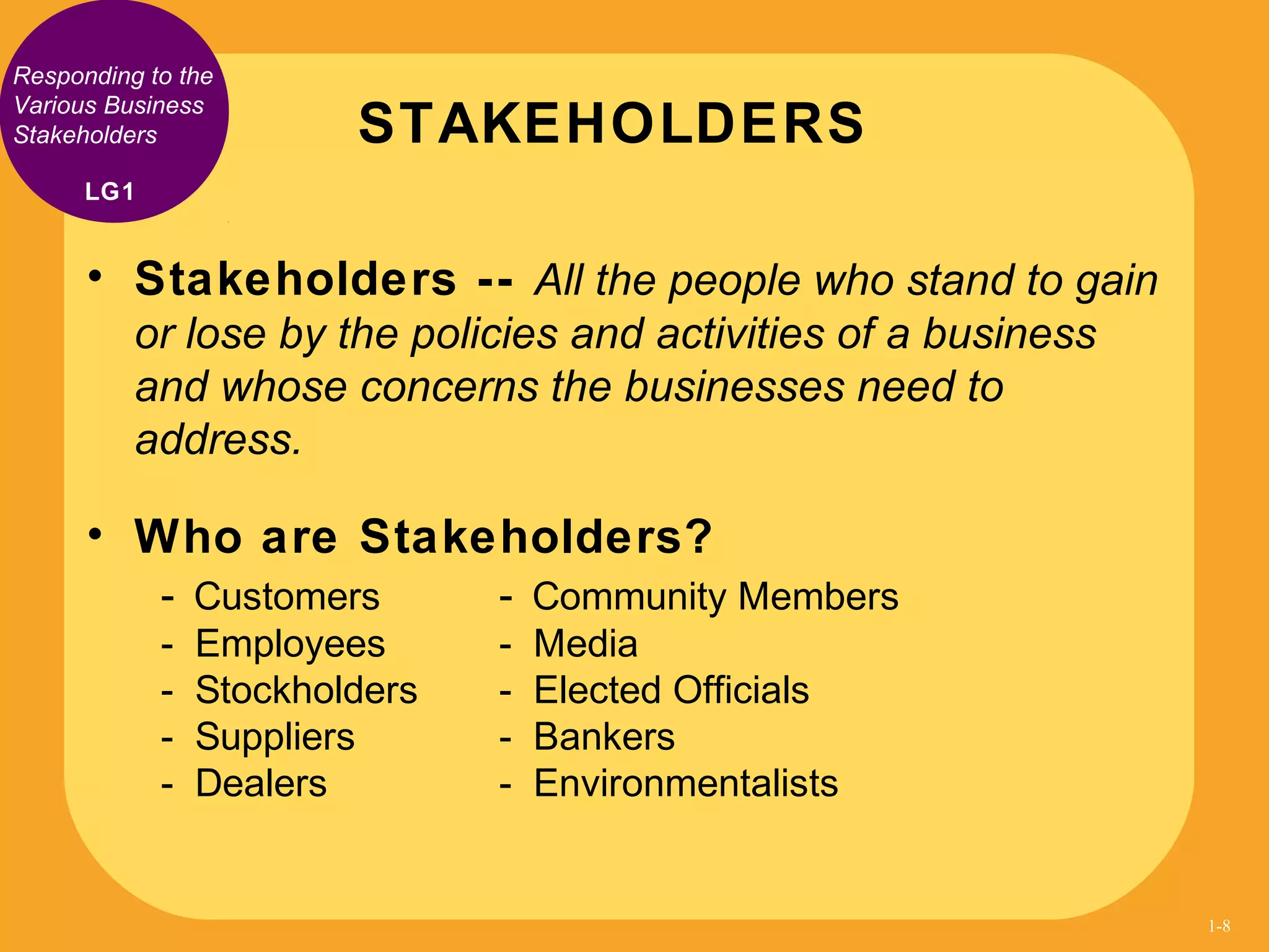 Responding to the
Various Business
Stakeholders
• Stakeholders -- All the people who stand to gain
or lose by the policies and activities of a business
and whose concerns the businesses need to
address.
• Who are Stakeholders?
- Customers
- Employees
- Stockholders
- Suppliers
- Dealers
- Community Members
- Media
- Elected Officials
- Bankers
- Environmentalists
STAKEHOLDERS
LG1
1-8
 