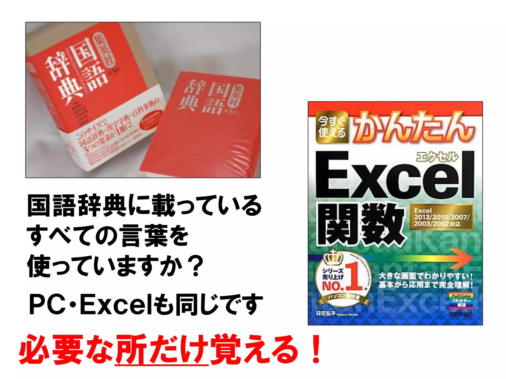 国語辞典に載っている
すべての言葉を
使っていますか？
ＰＣ・Ｅｘｃｅｌも同じです
必要な所だけ覚える！
 
