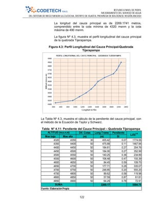 ESTUDIO A NIVEL DE PERFIL
MEJORAMIENTO DEL SERVICIO DE AGUA
DEL SISTEMA DE RIEGO MENOR ULLCUCOCHA, DISTRITO DE HUASTA, PROVINCIA DE BOLOGNESI, REGIÓN ANCASH
122
La longitud del cauce principal es de 2269.1741 metros,
comprendido entre la cota mínima de 4320 msnm y la cota
máxima de 490 msnm.
La figura Nº 4.3, muestra el perfil longitudinal del cauce principal
de la quebrada Tijerapampa.
Figura 4.3: Perfil Longitudinal del Cauce Principal-Quebrada
Tijerapampa
La Tabla Nº 4.3, muestra el cálculo de la pendiente del cauce principal, con
el método de la Ecuación de Taylor y Schwarz.
Tabla N° 4.11: Pendiente del Cauce Principal – Quebrada Tijerapampa
Dif. Cotas Long Tramo Pendiente
Mas baja Mas alta (m) (m) Si
4320 4350 30 455.42 0.07 1774.06
4350 4400 50 475.89 0.11 1467.94
4400 4450 50 184.61 0.27 354.76
4450 4500 50 184.00 0.27 352.99
4500 4550 50 140.25 0.36 234.89
4550 4600 50 106.48 0.47 155.39
4600 4650 50 84.45 0.59 109.75
4650 4700 50 177.71 0.28 335.07
4700 4750 50 248.85 0.20 555.20
4750 4800 50 89.62 0.56 119.98
4800 4850 50 57.59 0.87 61.81
4850 4900 50 64.29 0.78 72.91
2269.17 5594.75
ALTITUD (m.s.n.m)
Li/Si
1/2
SUMA
Fuente: Elaboración Propia
 