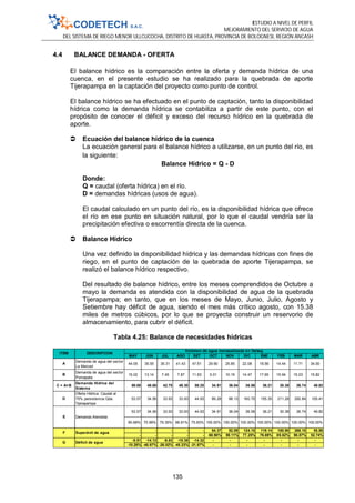 ESTUDIO A NIVEL DE PERFIL
MEJORAMIENTO DEL SERVICIO DE AGUA
DEL SISTEMA DE RIEGO MENOR ULLCUCOCHA, DISTRITO DE HUASTA, PROVINCIA DE BOLOGNESI, REGIÓN ANCASH
135
4.4 BALANCE DEMANDA - OFERTA
El balance hídrico es la comparación entre la oferta y demanda hídrica de una
cuenca, en el presente estudio se ha realizado para la quebrada de aporte
Tijerapampa en la captación del proyecto como punto de control.
El balance hídrico se ha efectuado en el punto de captación, tanto la disponibilidad
hídrica como la demanda hídrica se contabiliza a partir de este punto, con el
propósito de conocer el déficit y exceso del recurso hídrico en la quebrada de
aporte.
 Ecuación del balance hídrico de la cuenca
La ecuación general para el balance hídrico a utilizarse, en un punto del río, es
la siguiente:
Balance Hídrico = Q - D
Donde:
Q = caudal (oferta hídrica) en el río.
D = demandas hídricas (usos de agua).
El caudal calculado en un punto del río, es la disponibilidad hídrica que ofrece
el río en ese punto en situación natural, por lo que el caudal vendría ser la
precipitación efectiva o escorrentía directa de la cuenca.
 Balance Hídrico
Una vez definido la disponibilidad hídrica y las demandas hídricas con fines de
riego, en el punto de captación de la quebrada de aporte Tijerapampa, se
realizó el balance hídrico respectivo.
Del resultado de balance hídrico, entre los meses comprendidos de Octubre a
mayo la demanda es atendida con la disponibilidad de agua de la quebrada
Tijerapampa; en tanto, que en los meses de Mayo, Junio, Julio, Agosto y
Setiembre hay déficit de agua, siendo el mes más crítico agosto, con 15.38
miles de metros cúbicos, por lo que se proyecta construir un reservorio de
almacenamiento, para cubrir el déficit.
Tabla 4.25: Balance de necesidades hídricas
MAY JUN JUL AGO SET OCT NOV DIC ENE FEB MAR ABR
A
Demanda de agua del sector
La Merced
44.05 35.55 35.31 41.43 47.61 29.90 25.85 22.08 18.56 14.44 11.71 34.00
B
Demanda de agua del sector
Pomapata
15.02 13.14 7.45 7.87 11.63 5.01 10.19 14.47 17.65 15.94 15.03 15.82
C = A+B
Demanda Hídrica del
Sistema
59.08 48.68 42.75 49.30 59.25 34.91 36.04 36.56 36.21 30.38 26.74 49.82
D
Oferta Hídrica: Caudal al
75% persistencia Qda.
Tijerapampa
53.57 34.56 33.93 33.93 44.93 89.28 88.13 160.70 155.35 211.28 292.84 105.41
53.57 34.56 33.93 33.93 44.93 34.91 36.04 36.56 36.21 30.38 26.74 49.82
90.68% 70.99% 79.35% 68.81% 75.83% 100.00% 100.00% 100.00% 100.00% 100.00% 100.00% 100.00%
- - - - - 54.37 52.09 124.15 119.14 180.90 266.10 55.59
- - - - - 60.90% 59.11% 77.25% 76.69% 85.62% 90.87% 52.74%
-5.51 -14.12 -8.83 -15.38 -14.32 - - - - - - -
-10.28% -40.87% -26.02% -45.33% -31.87% - - - - - - -
Volúmen de agua mensualizada en lts/seg
ITEM
E
F
G
DESCRIPCION
Demanda Atendida
Superávit de agua
Déficit de agua
 