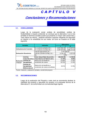 ESTUDIO A NIVEL DE PERFIL
MEJORAMIENTO DEL SERVICIO DE AGUA
DEL SISTEMA DE RIEGO MENOR ULLCUCOCHA, DISTRITO DE HUASTA, PROVINCIA DE BOLOGNESI, REGIÓN ANCASH
183
C A P Í T U L O V
Conclusiones y Recomendaciones
5.1. CONCLUSIONES
Luego de la evaluación social, análisis de sensibilidad, análisis de
Sostenibilidad e impacto ambiental; se concluye que la alternativa I es la más
rentable en términos sociales puesto que presenta un mayor valor actual neto y
Tasa interna de retorno, presenta asimismo mayores márgenes de seguridad
en relación a la variabilidad de sus metas, tal como se muestra en la tabla
siguiente.
5.2. RECOMENDACIONES
Luego de la evaluación del Proyecto a este nivel se recomienda declarar la
viabilidad del proyecto y ejecutarlo de acuerdo a la propuesta técnica de la
Alternativa 01, de conformidad a la normatividad legal vigente
I II
Inv. a precios privados (S/.) 2,621,062.32 3,112,847.90
Inv. a precios sociales (S/.) 2,267,507.60 2,686,181.96
VAN de Agricultores (S/.)
VAN de Comités de Reg. (S/.) 5,134.13 4,331.92
TD
Valor Actual Neto Social (S/.) 424,544.56 5,140.92
Tasa Interna de Retorno (S/.) 13.10% 9.04%
Reducción de beneficios 15.59% 0.19%
Incremento de costos 18.72% 0.19%
Análisis de
Sensibilidad
Bidimensional
Reducción de beneficios e
incremento de costos simultáneo
8.51% 0.10%
Fuente: Inversión y evaluación (privada y social) del proyecto
Evaluació
n Social
Análisis
Costo Beneficio
Análisis de
Sensibilidad
Variable Indicador
Alternativa
Indicadores de Inversión
Evaluación Económica
2,751,925.23
9.0%
 