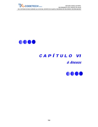 ESTUDIO A NIVEL DE PERFIL
MEJORAMIENTO DEL SERVICIO DE AGUA
DEL SISTEMA DE RIEGO MENOR ULLCUCOCHA, DISTRITO DE HUASTA, PROVINCIA DE BOLOGNESI, REGIÓN ANCASH
184
C A P Í T U L O VI
6 Anexos
 