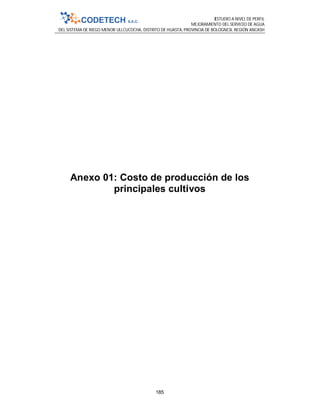 ESTUDIO A NIVEL DE PERFIL
MEJORAMIENTO DEL SERVICIO DE AGUA
DEL SISTEMA DE RIEGO MENOR ULLCUCOCHA, DISTRITO DE HUASTA, PROVINCIA DE BOLOGNESI, REGIÓN ANCASH
185
Anexo 01: Costo de producción de los
principales cultivos
 