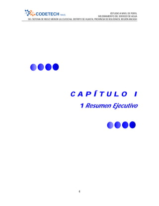 ESTUDIO A NIVEL DE PERFIL
MEJORAMIENTO DEL SERVICIO DE AGUA
DEL SISTEMA DE RIEGO MENOR ULLCUCOCHA, DISTRITO DE HUASTA, PROVINCIA DE BOLOGNESI, REGIÓN ANCASH
4
C A P Í T U L O I
1 Resumen Ejecutivo
 