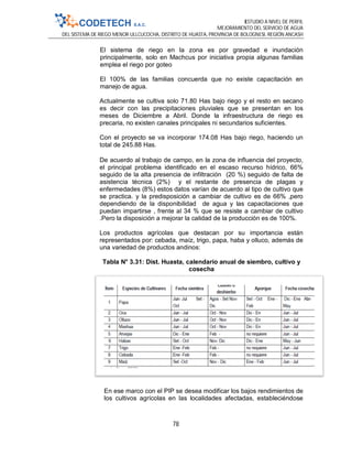 ESTUDIO A NIVEL DE PERFIL
MEJORAMIENTO DEL SERVICIO DE AGUA
DEL SISTEMA DE RIEGO MENOR ULLCUCOCHA, DISTRITO DE HUASTA, PROVINCIA DE BOLOGNESI, REGIÓN ANCASH
78
El sistema de riego en la zona es por gravedad e inundación
principalmente, solo en Machcus por iniciativa propia algunas familias
emplea el riego por goteo
El 100% de las familias concuerda que no existe capacitación en
manejo de agua.
Actualmente se cultiva solo 71.80 Has bajo riego y el resto en secano
es decir con las precipitaciones pluviales que se presentan en los
meses de Diciembre a Abril. Donde la infraestructura de riego es
precaria, no existen canales principales ni secundarios suficientes.
Con el proyecto se va incorporar 174.08 Has bajo riego, haciendo un
total de 245.88 Has.
De acuerdo al trabajo de campo, en la zona de influencia del proyecto,
el principal problema identificado en el escaso recurso hídrico, 66%
seguido de la alta presencia de infiltración (20 %) seguido de falta de
asistencia técnica (2%) y el restante de presencia de plagas y
enfermedades (8%) estos datos varían de acuerdo al tipo de cultivo que
se practica. y la predisposición a cambiar de cultivo es de 66% ,pero
dependiendo de la disponibilidad de agua y las capacitaciones que
puedan impartirse , frente al 34 % que se resiste a cambiar de cultivo
.Pero la disposición a mejorar la calidad de la producción es de 100%.
Los productos agrícolas que destacan por su importancia están
representados por: cebada, maíz, trigo, papa, haba y olluco, además de
una variedad de productos andinos:
Tabla N° 3.31: Dist. Huasta, calendario anual de siembro, cultivo y
cosecha
En ese marco con el PIP se desea modificar los bajos rendimientos de
los cultivos agrícolas en las localidades afectadas, estableciéndose
 