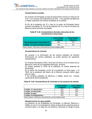 ESTUDIO A NIVEL DE PERFIL
MEJORAMIENTO DEL SERVICIO DE AGUA
DEL SISTEMA DE RIEGO MENOR ULLCUCOCHA, DISTRITO DE HUASTA, PROVINCIA DE BOLOGNESI, REGIÓN ANCASH
93
Características sociales.
En el sector de Pomapata, la tasa de desnutrición crónica en niños es de
41%. Y en el sector de la Merced es de 44%, y los sectores de Machcus
y Villalta, presentan los mismos resultados en su ámbito.
El 9% de la población de 15 y más en el sector de Pomapata tienen
primaria incompleta. El 12% de la población de 15 y más en el sector de
Machcus tienen primaria incompleta.
Tabla N° 3.42: Características Sociales relevantes de los
beneficiarios involucrados
Características de vivienda
De acuerdo a la información de los centros poblados de Nutrinet
(Información de centros poblados), se puede apreciar las siguientes
características:
En el sector Pomapata el 92%, tiene piso de tierra y el en el sector de La
Merced el 100% de sus habitantes tiene piso de tierra.
En ambos sectores el 100% de la población no cuenta sistemas de
electricidad
En el sector de Pomapata, el 8% de la población no tiene agua y el
100% de la población del Sector de la Merced, tampoco tienen agua
para su riego.
Y los sectores poblados de Machcus y Villalta, tienen las mismas
carencias de dichos problemas.
Tabla N° 3.43: Características de viviendas en los sectores de estudio
Abastecimiento de agua potable
La población de las localidades de Pomapata, La Merced, Machcus y
Villalta, se ven en la necesidad de utilizar el agua de las acequias para su
consumo diario, y el riego de sus sembríos, poniendo en riesgo la salud
Centro Poblado :
LA MERCED
Centro Poblado :
POMAPATA
Tasa de Desnutrición Crónica Niños 6-9 : 44% 41%
% poblac. 15 y más con primaria incompl. : 12% 9%
Fuente: Nutrinet - Informacióna nivel de Distritos y Centros Poblados (2005)
Centro Poblado :
LA MERCED
Centro Poblado :
POMAPATA
% poblac. viv. piso de tierra : 92% 100%
% poblac. sin electricidad : 100% 100%
% poblac. sin agua : 100% 8%
% poblac. sin desague/letrina. : 97% 30%
Fuente: Nutrinet - Información a nivel de Distritos y Centros Poblados (2005)
 