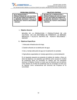 ESTUDIO A NIVEL DE PERFIL
MEJORAMIENTO DEL SERVICIO DE AGUA
DEL SISTEMA DE RIEGO MENOR ULLCUCOCHA, DISTRITO DE HUASTA, PROVINCIA DE BOLOGNESI, REGIÓN ANCASH
97
PROBLEMA CENTRAL OBJETIVO CENTRAL
i. Objetivo General
MEJORA DE LA PRODUCCION Y PRODUCTIVIDAD DE LOS
CULTIVOS EN LOS SECTORES DE POMAPATA, LA MERCED,
MACHCUS Y VILLALTA, DISTRITO DE HUASTA- BOLOGNESI -
ANCASH
ii. Objetivos Específicos
1.Adecuada infraestructura de riego
2.Gestión eficiente en la distribución de agua
3.Uso y manejo adecuado de agua en la aplicación en parcelas
4.Agricultores capacitados en manejo agronómico y comercialización
En el siguiente esquema se presenta el análisis de medios y fines y/o
árbol de objetivos. Los aspectos que definían como causas en el árbol
de problemas ahora se convierten en medios que nos permitirán
alcanzar el Objetivo Central, en tanto que los factores que se definían
como efectos en el árbol de problemas acá se convierten en fines que
se lograran como consecuencia del concurso del Proyecto en la
comunidad.
BAJA PRODUCCION Y
PRODUCTIVIDAD DE LOS CULTIVOS
EN LOS SECTORES DE POMAPATA,
LA MERCED, MACHCUS Y VILLALTA,
DISTRITO DE HUASTA- BOLOGNESI
- ANCASH
MEJORA DE LA PRODUCCION Y
PRODUCTIVIDAD DE LOS CULTIVOS
EN LOS SECTORES DE POMAPATA,
LA MERCED, MACHCUS Y VILLALTA,
DISTRITO DE HUASTA- BOLOGNESI
- ANCASH
 