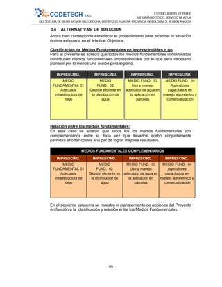 ESTUDIO A NIVEL DE PERFIL
MEJORAMIENTO DEL SERVICIO DE AGUA
DEL SISTEMA DE RIEGO MENOR ULLCUCOCHA, DISTRITO DE HUASTA, PROVINCIA DE BOLOGNESI, REGIÓN ANCASH
99
Ahora bien corresponde establecer el procedimiento para alcanzar la situación
óptima esbozada en el árbol de Objetivos.
Clasificación de Medios Fundamentales en imprescindibles o no
Para el presente se aprecia que todos los medios fundamentales considerados
constituyen medios fundamentales imprescindibles por lo que será necesario
plantear por lo menos una acción para lograrlo.
Relación entre los medios fundamentales:
En este caso se aprecia que todos los los medios fundamentales son
complementarios entre si, toda vez que llevarlos acabo conjuntamente
permitirá ahorrar costos a la par de lograr mejores resultados.
En el siguiente esquema se muestra el planteamiento de acciones del Proyecto
en función a la clasificación y relación entre los Medios Fundamentales.
IMPRESCIND. IMPRESCIND. IMPRESCIND. IMPRESCIND.
MEDIO
FUNDAMENTAL 01
Adecuada
infraestructura de
riego
MEDIO
FUND. 02
Gestión eficiente en
la distribución de
agua
MEDIO FUND. 03
Uso y manejo
adecuado de agua en
la aplicación en
parcelas
MEDIO FUND. 04
Agricultores
capacitados en
manejo agronómico y
comercialización
IMPRESCIND. IMPRESCIND. IMPRESCIND. IMPRESCIND.
MEDIO
FUNDAMENTAL 01
Adecuada
infraestructura de
riego
MEDIO
FUND. 02
Gestión eficiente en
la distribución de
agua
MEDIO FUND. 03
Uso y manejo
adecuado de agua en
la aplicación en
parcelas
MEDIO FUND. 04
Agricultores
capacitados en
manejo agronómico y
comercialización
MEDIOS FUNDAMENTALES COMPLEMENTARIOS
3.4 ALTERNATIVAS DE SOLUCION
 