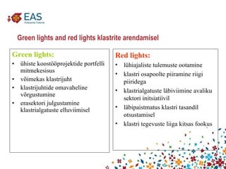 Green lights and red lights klastrite arendamisel Green lights: ühiste koostööprojektide portfelli mitmekesisus võimekas klastrijuht klastrijuhtide omavaheline võrgustumine erasektori julgustamine klastrialgatuste elluviimisel Red lights: lühiajaliste tulemuste ootamine klastri osapoolte piiramine riigi piiridega klastrialgatuste läbiviimine avaliku sektori initsiatiivil läbipaistmatus klastri tasandil otsustamisel klastri tegevuste liiga kitsas fookus 