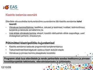 Klastrite toetamise eesmärk Ettevõtete rahvusvahelise konkurentsivõime suurendamine läbi klastrite arendamise  kahel tasandil : Võimekuse loomine/tõstmine:  teadlikkus, oskused ja teadmised, kvaliteet, tootmisvõimsus, barjääride ja takistuste eemaldamine jne. Uute äriliste võimaluste loomine:  eksport, koostöö väärtusahela väliste osapooltega, uued strateegilised partnerid, ühisostud jne.  Põhimõtted klastripoliitika kujundamisel Klastrite arendamist toetavate programmide komplementaarsus Toetusmeetmete/klastrialgatuste vastavus klastri elutsükli etapile Võimekuse ja pinnase loomine pikaajaliseks koostööks  12/10/09 Programm aitab luua ettevõtetele ja nende partneritele soodsa keskkonna ja pinnase koostööprojektide tekkimiseks, ettevalmistamiseks ja juhtimiseks.   
