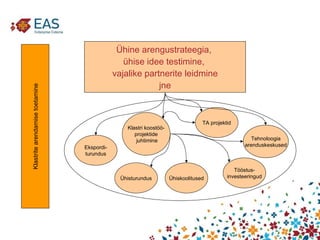 Ühine arengustrateegia,  ühise idee testimine,  vajalike partnerite leidmine jne Klastrite arendamise toetamine TA projektid Tööstus- investeeringud Ühisturundus Klastri koostöö- projektide juhtimine Ühiskoolitused Tehnoloogia arenduskeskused Ekspordi- turundus 