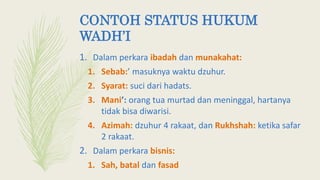 1. Dalam perkara ibadah dan munakahat:
1. Sebab:’ masuknya waktu dzuhur.
2. Syarat: suci dari hadats.
3. Mani’: orang tua murtad dan meninggal, hartanya
tidak bisa diwarisi.
4. Azimah: dzuhur 4 rakaat, dan Rukhshah: ketika safar
2 rakaat.
2. Dalam perkara bisnis:
1. Sah, batal dan fasad
CONTOH STATUS HUKUM
WADH’I
 