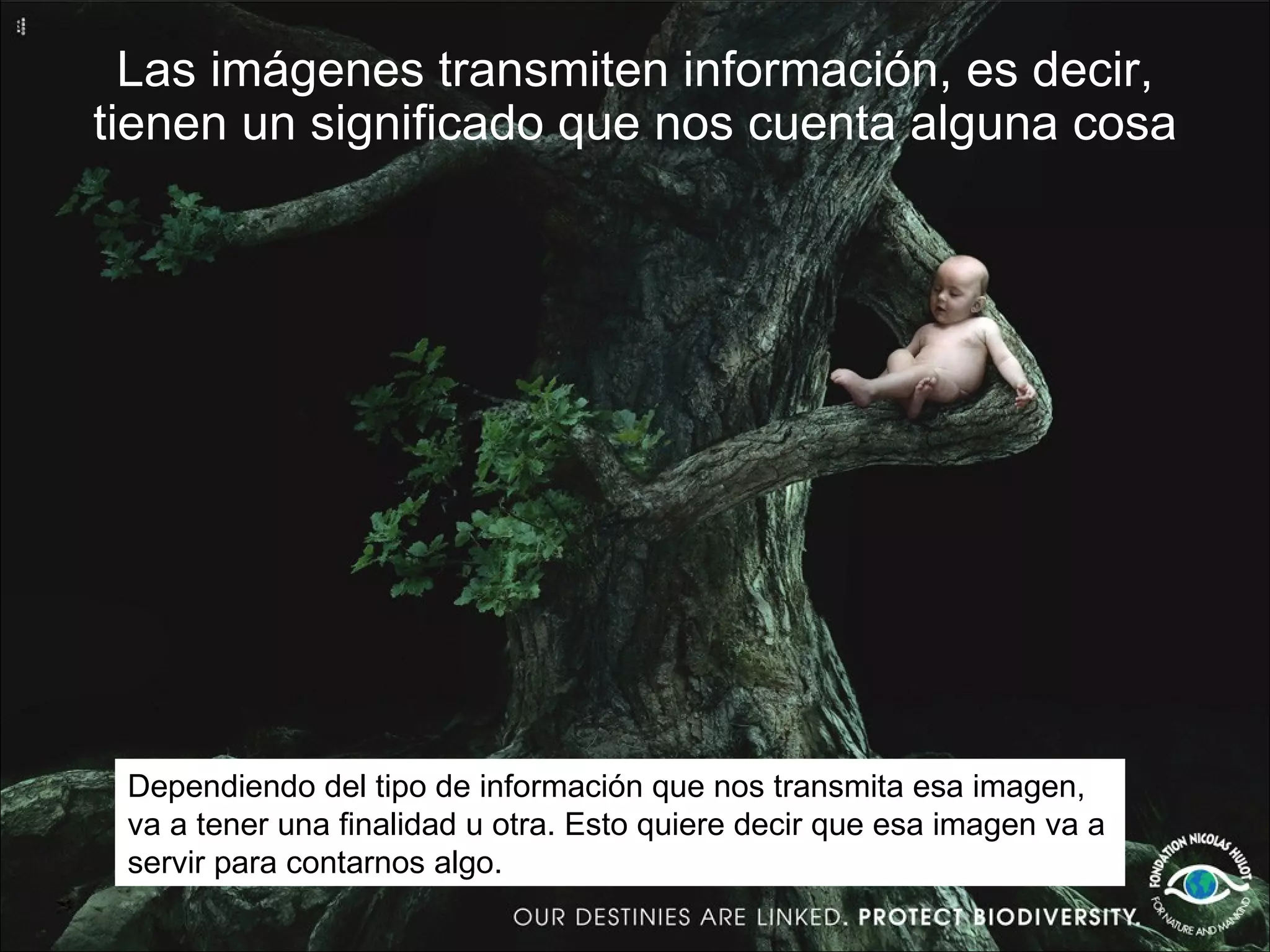 Las imágenes transmiten información, es decir, tienen un significado que nos cuenta alguna cosa Dependiendo del tipo de información que nos transmita esa imagen, va a tener una finalidad u otra. Esto quiere decir que esa imagen va a servir para contarnos algo. 