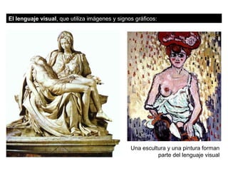 El lenguaje visual , que utiliza imágenes y signos gráficos: Una escultura y una pintura forman parte del lenguaje visual 