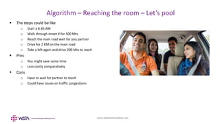 www.webstackacademy.com
BCD
Algorithm – Reaching the room – Let’s pool
A
 The steps could be like
o Start a 8.45 AM
o Walk through street X for 500 Mts
o Reach the main road wait for you partner
o Drive for 2 KM on the main road
o Take a left again and drive 200 Mts to reach
 Pros
o You might save some time
o Less costly comparatively
 Cons
o Have to wait for partner to reach
o Could have issues on traffic congestions
 