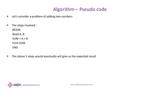 www.webstackacademy.com
BCD
Algorithm – Pseudo code
A
 Let's consider a problem of adding two numbers
 The steps involved :
BEGIN
Read A, B
SUM = A + B
Print SUM
END
 The above 5 steps would eventually will give us the expected result
 