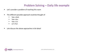 www.webstackacademy.com
BCD
Problem Solving – Daily life example
A
 Let's consider a problem of reaching this room
 The different possible approach could be thought of
 Take a Walk
 Take a Bus
 Take a Car
 Let's Pool
 Lets discuss the above approaches in bit detail
 