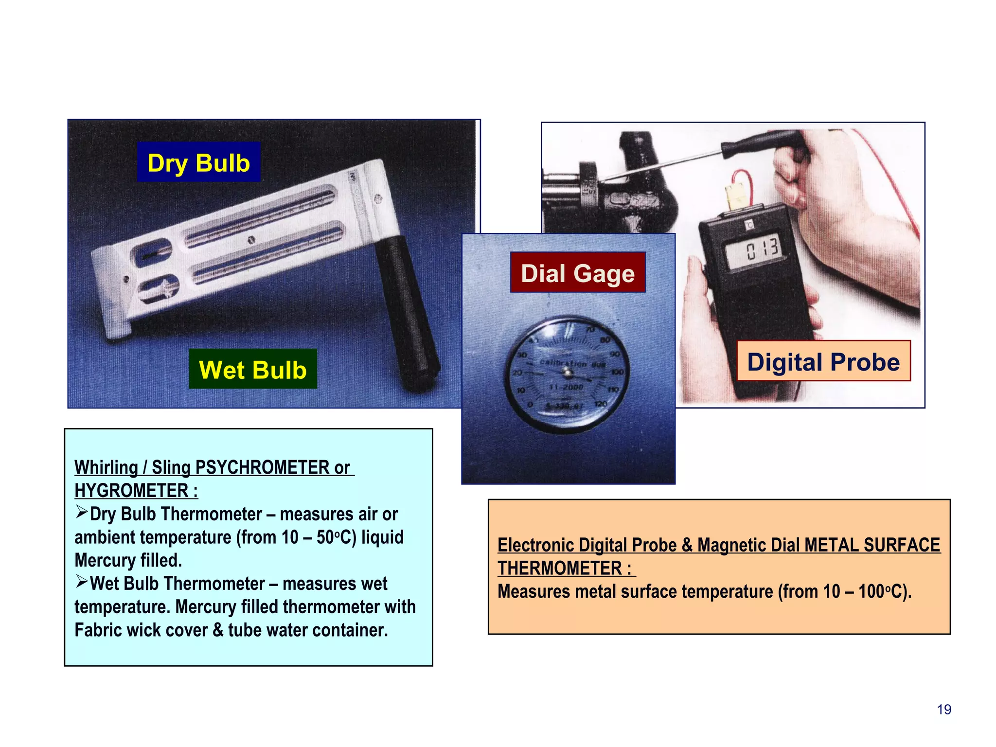 Dry Bulb 
Wet Bulb 
Whirling / Sling PSYCHROMETER or 
HYGROMETER : 
Dry Bulb Thermometer – measures air or 
ambient temperature (from 10 – 50oC) liquid 
Mercury filled. 
Wet Bulb Thermometer – measures wet 
temperature. Mercury filled thermometer with 
Fabric wick cover & tube water container. 
Dial Gage 
Digital Probe 
Electronic Digital Probe & Magnetic Dial METAL SURFACE 
THERMOMETER : 
Measures metal surface temperature (from 10 – 100oC). 
19 
 