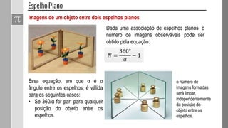 Imagens de um objeto entre dois espelhos planos
𝑁 =
360°
𝛼
− 1
Essa equação, em que α é o
ângulo entre os espelhos, é válida
para os seguintes casos:
• Se 360/α for par: para qualquer
posição do objeto entre os
espelhos.
Dada uma associação de espelhos planos, o
número de imagens observáveis pode ser
obtido pela equação:
o número de
imagens formadas
será ímpar,
independentemente
da posição do
objeto entre os
espelhos.
 