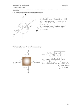 Resistencia de Materiales I Capitulo IV 
U.M.S.S – Ing.Civil 
---------------------------------------------------------------------------------------------------------- 
( τ ' = Rsen 30)⇒τ ' = 30sen(30)⇒τ ' =15 
92 
Solución: 
Del grafico b) se tiene los siguientes resultados 
σ R σ 
σ 
σ R σ 
σ 
Realizando la suma de los esfuerzos se tiene: 
' cos (30) ' 30cos (30) 
' 25.98 
x x 
x 
=− ⇒ = − ⇒ 
= − 
' cos (30) ' 30cos (30) 
' 25.98 
y y 
y 
= ⇒ = ⇒ 
= 
2 
+ ⎛ − ⎞ 
y x y 
x 2 
max 2 2 
xy 
σ σ σ σ 
σ τ 
= + ⎜ ⎟ + 
⎝ ⎠ 
2 
2 
max 
0 25.98 25.98 20 
2 
σ 
⎛ − − ⎞ = + ⎜ ⎟ + 
⎝ ⎠ 
max max σ = 0 ± 32.8 MPa⇒σ = 32.8 MPa 
min σ = −32.8 MPa 
max τ = 32.8 MPa 
 
