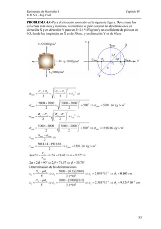 Resistencia de Materiales I Capitulo IV 
U.M.S.S – Ing.Civil 
---------------------------------------------------------------------------------------------------------- 
93 
PROBLEMA 4.4.-Para el elemento mostrado en la siguiente figura. Determinar los 
esfuerzos máximos y mínimos, así también se pide calcular las deformaciones en 
dirección X y en dirección Y para un E=2.1*106kg/cm2y un coeficiente de poisson de 
0.3, donde las longitudes en X es de 50cm., y en dirección Y es de 40cm. 
2 
+ ⎛ − ⎞ 
y x y 
x 2 
max 
= + ⎜ ⎟ + ⇒ 
2 2 
5000 2000 5000 2000 2 
500 5081.14 / 
+ ⎛ − ⎞ = + ⎜ ⎟ + ⇒ = 
2 2 
⎝ ⎠ 
max max 
2 2 
xy 
kg cm 
σ σ σ σ 
σ τ 
σ σ 
⎝ ⎠ 
2 
+ ⎛ − ⎞ 
y x y 
x 2 
min 
= − ⎜ ⎟ + ⇒ 
2 2 
5000 2000 5000 2000 2 
500 1918.86 / 
+ ⎛ − ⎞ = − ⎜ ⎟ + ⇒ = 
2 2 
⎝ ⎠ 
min min 
2 2 
xy 
kg cm 
σ σ σ σ 
σ τ 
σ σ 
⎝ ⎠ 
− 
= max min 
⇒ 
max 
2 
2 
5081.14 − 
1918.86 1581.14 / 
max max 
2 
kg cm 
σ σ 
τ 
τ = ⇒ τ 
= 
τ 
Sen xy 
2 2 18.43 9.22º 
α = ⇒ α = ⇒ α 
= ⇒ 
τ 
max 
2 α + 2 β = 90º ⇒ 2 β = 71.57 ⇒ β 
= 
35.78º 
Determinación de las deformaciones 
( )( ) 3 
σ − μσ 
5000 − 
0.3 2000 
ε = ⇒ ε = ⇒ ε = − ⇒ δ = 
x 6 
2.095*10 0.105 
2.1*10 
x y 
x x x cm 
E 
( )( ) 4 3 
σ − μσ 
2000 − 
5000 0.3 
ε = ⇒ ε = ⇒ ε = − ⇒ δ = 
− y 6 
2.381*10 9.524*10 
2.1*10 
y x 
y y y cm 
E 
 