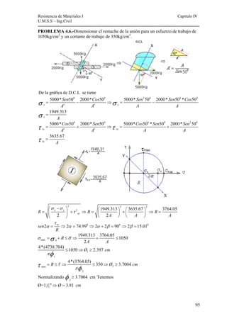 Resistencia de Materiales I Capitulo IV 
U.M.S.S – Ing.Civil 
---------------------------------------------------------------------------------------------------------- 
PROBLEMA 4.6.-Dimensionar el remache de la unión para un esfuerzo de trabajo de 
1050kg/cm2 y un cortante de trabajo de 350kg/cm2. 
95 
De la gráfica de D.C.L se tiene 
5000* 500 2000* 500 5000* 2500 2000* 500 * 500 
σ = − ⇒ σ 
= − 
x x 
σ 
1949.313 
x 
Sen Cos Sen Sen Cos 
A A A A 
A 
′ ′ 
= 
5000* 500 2000* 500 5000* 500 * 500 2000* 2500 
τ τ 
τ 
= + ⇒ = + 
xy xy 
3635.67 
xy 
Cos Sen Cos Sen Sen 
A A A A 
A 
′ ′ 
= 
2 2 2 
⎛ − ⎞ ⎛ ⎞ ⎛ ⎞ = ⎜ ⎟ + ⇒ = ⎜ ⎟ + ⎜ ⎟ ⇒ = 
2 1949.313 3635.67 3764.05 
x y 
xy R R R 
2 2 
A A A 
σ σ 
τ 
⎝ ⎠ ⎝ ⎠ ⎝ ⎠ 
τ 
sen2 xy 2 74.990 2 2 900 2 15.010 
α = ⇒ α = ⇒ α + β = ⇒ β = 
R 
σ =σ + ≤σ ⇒ + ≤ 
max 0 
1949.313 3764.05 1050 
2 
R 
A A 
4*(4738.704) πφ ≤ 1050 ⇒ Ø ≥ 
2.397 cm 
1 
1 
R τ 4*(3764.05) 350 Ø 3.7004 cm 
τ = ≤ ⇒ ≤ ⇒ ≥ 
max π φ 2 
2 
Normalizando 3.7004 cm Tenemos 
2 
Ø=1  Ø 3.81 cm 
1 
2 
φ ≥ 
⇒ = 
 