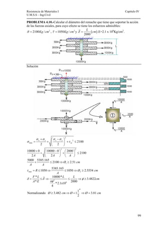 Resistencia de Materiales I Capitulo IV 
U.M.S.S – Ing.Civil 
---------------------------------------------------------------------------------------------------------- 
PROBLEMA 4.10.-Calcular el diámetro del remache que tiene que soportar la acción 
de las fuerzas axiales, para cuyo efecto se tiene los esfuerzos admisibles: 
σ = 2100Kg / cm2 , τ =1050Kg / cm2 y ( ) 
99 
δ = L cm .E=2.1 x 106Kg/cm2. 
2000 
Solución 
2 
+ ⎛ − ⎞ 
y x y 
x 2 
max 2100 
= + ⎜ ⎟ + ≤ 
2 2 
xy 
σ σ σ σ 
σ τ 
⎝ ⎠ 
2 2 10000 0 10000 0 2000 2100 
+ ⎛ − ⎞ ⎛ ⎞ + ⎜ ⎟ + ⎜ ⎟ ≤ 
2A 2A A 
⎝ ⎠ ⎝ ⎠ 
5000 + 5385.165 ≤ 2100 ⇒ Ø ≥ 
2.51 cm 
A A 
1 
R 1050 5385.165 1050 Ø 2.5554 cm 
τ = ≤ ⇒ ≤ ⇒ ≥ 
max 2 
A 
F * L 10000* L L 3.4822 
cm 
A * E *2.1 x 
10 2000 
δ = ≤ δ ⇒ ≤ ⇒ φ 
≥ 
2 
6 
πφ 
4 
Normalizando 3.482 11 3.81 
Ø cm Ø Ø cm 
2 
′′ 
≥ ⇒ = ⇒ = 
 