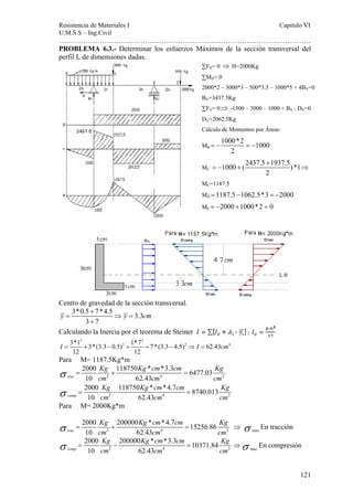 Resistencia de Materiales I Capitulo VI 
U.M.S.S – Ing.Civil 
……………………………………………………………………………………………. 
PROBLEMA 6.3.- Determinar los esfuerzos Máximos de la sección transversal del 
perfil L de dimensiones dadas. 
= − = − 
+ 
=− + ⇒ 
Kg Kg cm cm Kg 
cm cm cm σ = − = ⇒ max σ En compresión 
121 
Centro de gravedad de la sección transversal. 
3*0.5 + 
7*4.5 3.3 
y = ⇒ y = 
cm 
3 + 
7 
Calculando la Inercia por el teorema de Steiner 
3 3 
3*1 3*(3.3 0.5)2 1*7 7*(3.3 4.5)2 62.43 4 
12 12 
I = + − + + − ⇒ I = cm 
Para M= 1187.5Kg*m 
2000 118750 * *3.3 6477.03 
10 62.43 
2000 118750 * *4.7 8740.013 
10 62.43 
2 4 2 
2 4 2 
trac 
comp 
Kg Kg cm cm Kg 
cm cm cm 
Kg Kg cm cm Kg 
cm cm cm 
σ 
σ 
= + = 
= − = 
Para M= 2000Kg*m 
σ = 2000 Kg + 200000 Kg * cm *4.7 cm = 15256.86 
Kg 
⇒ σ En tracción 
trac 10 cm 2 62.43 
cm 4 cm 2 
max 2000 200000 * *3.3 10371.84 
2 4 2 
comp 10 62.43 
ΣFH= 0 ⇒ H=2000Kg 
ΣMD= 0 
2000*2 – 3000*3 – 500*3.5 – 1000*5 + 4BV=0 
BV=3437.5Kg 
ΣFV= 0⇒ -1500 – 3000 – 1000 + BV + DV=0 
DV=2062.5Kg 
Cálculo de Momentos por Áreas: 
MB 
1000*2 1000 
2 
MC 
1000 (2437.5 1937.5)*1 
2 
MC=1187.5 
MD =1187.5 −1062.5*3 = −2000 
ME = −2000 +1000*2 = 0 
 