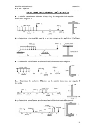Resistencia de Materiales I Capitulo VI 
U.M.S.S – Ing.Civil 
……………………………………………………………………………………………. 
129 
PROBLEMAS PROPUESTOS FLEXIÓN EN VIGAS 
6.1.- Calcular los esfuerzos máximos de tracción y de compresión de la sección 
transversal del perfil T. 
6.2.- Determinar esfuerzos Máximos de la sección transversal del perfil I de 120x20 cm. 
6.3.- Determinar los esfuerzos Máximos de la sección transversal del perfil L. 
6.4.- Determinar los esfuerzos Máximos de la sección transversal del angular T 
invertida. 
6.5.- Determinar los esfuerzos Máximos de la sección transversal del angular C. 
 