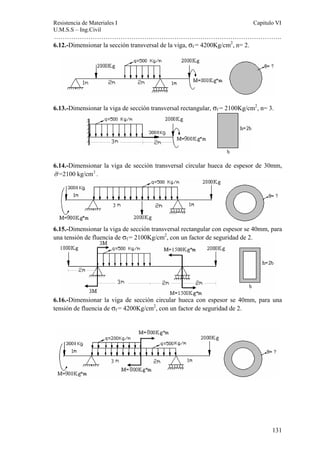 Resistencia de Materiales I Capitulo VI 
U.M.S.S – Ing.Civil 
……………………………………………………………………………………………. 
131 
6.12.-Dimensionar la sección transversal de la viga, σf = 4200Kg/cm2, n= 2. 
6.13.-Dimensionar la viga de sección transversal rectangular, σf = 2100Kg/cm2, n= 3. 
6.14.-Dimensionar la viga de sección transversal circular hueca de espesor de 30mm, 
σ =2100 kg/cm2 . 
6.15.-Dimensionar la viga de sección transversal rectangular con espesor se 40mm, para 
una tensión de fluencia de σf = 2100Kg/cm2, con un factor de seguridad de 2. 
6.16.-Dimensionar la viga de sección circular hueca con espesor se 40mm, para una 
tensión de fluencia de σf = 4200Kg/cm2, con un factor de seguridad de 2. 
 