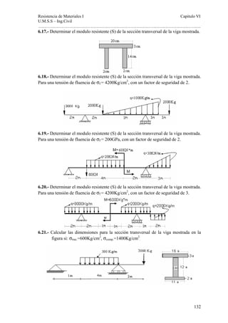 Resistencia de Materiales I Capitulo VI 
U.M.S.S – Ing.Civil 
……………………………………………………………………………………………. 
6.17.- Determinar el modulo resistente (S) de la sección transversal de la viga mostrada. 
6.18.- Determinar el modulo resistente (S) de la sección transversal de la viga mostrada. 
Para una tensión de fluencia de σf = 4200Kg/cm2, con un factor de seguridad de 2. 
6.19.- Determinar el modulo resistente (S) de la sección transversal de la viga mostrada. 
Para una tensión de fluencia de σf = 200GPa, con un factor de seguridad de 2. 
6.20.- Determinar el modulo resistente (S) de la sección transversal de la viga mostrada. 
Para una tensión de fluencia de σf = 4200Kg/cm2, con un factor de seguridad de 3. 
6.21.- Calcular las dimensiones para la sección transversal de la viga mostrada en la 
132 
figura si: σtrac.=600Kg/cm2, σcomp.=1400Kg/cm2 
. 
 