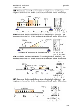 Resistencia de Materiales I Capitulo VI 
U.M.S.S – Ing.Civil 
……………………………………………………………………………………………. 
6.22.-Determinar el número de las barras de acero longitudinales, diámetros y sus 
longitudes por tramos. Para efectos de cálculo no considerar la tensión del hormigón. 
6.23.- Determinar el número de las barras de acero longitudinales, diámetros y sus 
longitudes por tramos. Para efectos de cálculo no considerar la tensión del hormigón. 
6.24.- Determinar el número de las barras de acero longitudinales, diámetros y sus 
longitudes por tramos. Para efectos de cálculo no considerar la tensión del hormigón. 
6.25.- Determinar el número de las barras de acero longitudinales, diámetros y sus 
longitudes por tramos. Para efectos de cálculo no considerar la tensión del hormigón. 
133 
 