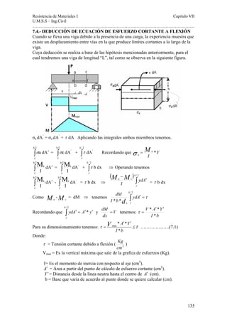 Resistencia de Materiales I Capitulo VII 
U.M.S.S – Ing.Civil 
……………………………………………………………………………………………. 
7.4.- DEDUCCIÓN DE ECUACIÓN DE ESFUERZO CORTANTE A FLEXIÓN 
Cuando se flexa una viga debido a la presencia de una carga, la experiencia muestra que 
existe un desplazamiento entre vías en la que produce limites cortantes a lo largo de la 
viga. 
Cuya deducción se realiza a base de las hipótesis mencionadas anteriormente, para el 
cual tendremos una viga de longitud “L”, tal como se observa en la siguiente figura. 
135 
σa dA’ = σa dA’ + τ dA Aplicando las integrales ambos miembros tenemos. 
h/2 
∫ ′ 
y 
h/2 
σa dA = ∫ 
y 
h / 2 
σc dA' + ∫ 
y 
I M 
a σ = * 
τ dA’ Recordando que a 
Y 
h/2 
∫ ′ 
y 
a dA 
I M 
h/2 
= ∫ 
y 
c dA' 
I M 
h / 2 
+ ∫ 
y 
τ b dx ⇒ Operando tenemos 
h/2 
∫ ′ 
y 
a dA 
I M 
h/2 
- ∫ 
y 
c dA' 
I M 
= τ b dx ⇒ 
( ) 
M − M h / 2 
∫ ′ 
= τ b dx 
a c ydA 
I 
y 
/ 2 
dM 
d τ 
Como Ma - Mc = dM ⇒ tenemos ∫ ′ = 
* * 
h 
x y 
ydA 
I b 
/ 2 
Recordando que ∫ ′ = ′ * 
′ 
h 
y 
dM = tenemos: 
ydA A y y V 
dx 
* ′* ′ 
V A Y 
I b 
* 
τ = 
τ V τ 
A Y 
I b 
Para su dimensionamiento tenemos: max* * 
* 
′ ′ 
= ≤ K ……………….(7.1) 
Donde: 
Kg ) 
τ = Tensión cortante debido a flexión ( cm2 
Vmax = Es la vertical máxima que sale de la grafica de esfuerzos (Kg). 
I= Es el momento de inercia con respecto al eje (cm4). 
A′ = Área a partir del punto de cálculo de esfuerzo cortante (cm2). 
Y′ = Distancia desde la línea neutra hasta el centro de A′ (cm). 
b = Base que varia de acuerdo al punto donde se quiere calcular (cm). 
 