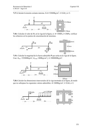 Resistencia de Materiales I Capitulo VII 
U.M.S.S – Ing.Civil 
……………………………………………………………………………………………. 
151 
7.17.-Calcular la tensión cortante máxima. Si σ=52800Kg/m2, τ=0.6σ y n=2. 
7.18.- Calcular el valor de M, en la viga de la figura, si: σ=10MPa, τ=2MPa, verificar 
los esfuerzos en los puntos de concentración de tensiones. 
7.19.- Calcular la magnitud de la fuerza admisible P que actúa en la viga de la figura. 
Usar. σtrac.=352000Kg/m2, σcomp.=800Kg/cm2 y τ=3000000Kg/m2. 
7.20.-Calcular las dimensiones transversales de la viga mostrada en la figura, de modo 
que no sobrepase los siguientes valores admisibles: σ=2400Kg/cm2, τ=0.6σ, n=2. 
 