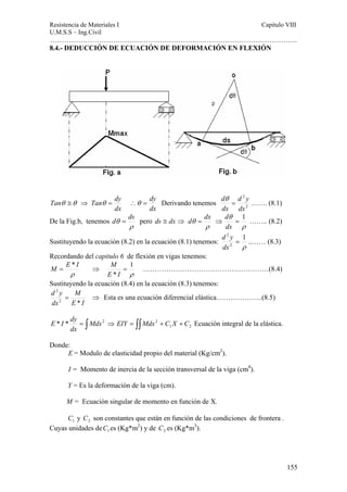 Resistencia de Materiales I Capitulo VIII 
U.M.S.S – Ing.Civil 
……………………………………………………………………………………………. 
155 
8.4.- DEDUCCIÓN DE ECUACIÓN DE DEFORMACIÓN EN FLEXIÓN 
Tanθ ≅θ ⇒ 
Tanθ = dy ∴ 
dx 
θ = dy Derivando tenemos 2 
dx 
2 
dx 
d y 
d θ 
= 
dx 
……. (8.1) 
De la Fig.b, tenemos 
dθ = ds pero ds ≅ dx ⇒ 
ρ 
dθ = dx ⇒ 
ρ 
d …….. (8.2) 
θ 1 = 
dx 
ρ 
Sustituyendo la ecuación (8.2) en la ecuación (8.1) tenemos: 
d y 1 
..…… (8.3) 
ρ 
2 
2 
= 
dx 
Recordando del capitulo 6 de flexión en vigas tenemos: 
M = E * I ⇒ 
ρ 
M 1 
………………………………………………(8.4) 
ρ 
* 
= 
E I 
Sustituyendo la ecuación (8.4) en la ecuación (8.3) tenemos: 
M 
E I 
d y 
dx 
2 * 
2 
= ⇒ Esta es una ecuación diferencial elástica………………..(8.5) 
E I dy ⇒ 1 2 
* * = ∫Mdx2 
dx 
EIY = ∫∫Mdx2 + C X + C Ecuación integral de la elástica. 
Donde: 
E = Modulo de elasticidad propio del material (Kg/cm2). 
I = Momento de inercia de la sección transversal de la viga (cm4). 
Y = Es la deformación de la viga (cm). 
M = Ecuación singular de momento en función de X. 
1 C y 2 C son constantes que están en función de las condiciones de frontera . 
Cuyas unidades de 1 C es (Kg*m2) y de 2 C es (Kg*m3). 
 