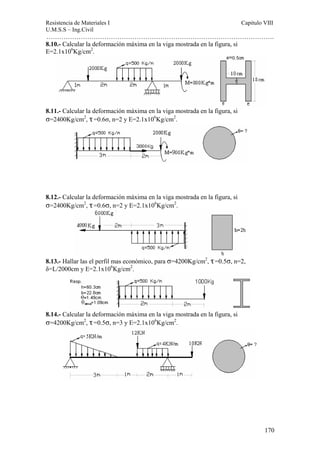 Resistencia de Materiales I Capitulo VIII 
U.M.S.S – Ing.Civil 
……………………………………………………………………………………………. 
170 
8.10.- Calcular la deformación máxima en la viga mostrada en la figura, si 
E=2.1x106Kg/cm2. 
8.11.- Calcular la deformación máxima en la viga mostrada en la figura, si 
σ=2400Kg/cm2, τ =0.6σ, n=2 y E=2.1x106Kg/cm2. 
8.12.- Calcular la deformación máxima en la viga mostrada en la figura, si 
σ=2400Kg/cm2, τ =0.6σ, n=2 y E=2.1x106Kg/cm2. 
8.13.- Hallar las el perfil mas económico, para σ=4200Kg/cm2, τ =0.5σ, n=2, 
δ=L/2000cm y E=2.1x106Kg/cm2. 
8.14.- Calcular la deformación máxima en la viga mostrada en la figura, si 
σ=4200Kg/cm2, τ =0.5σ, n=3 y E=2.1x106Kg/cm2. 
 