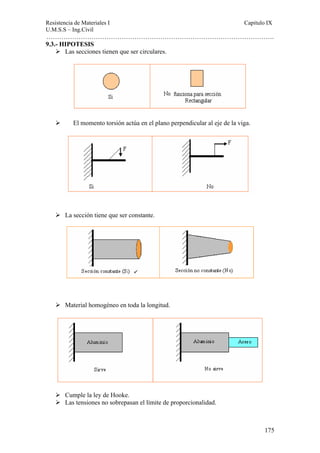 Resistencia de Materiales I Capitulo IX 
U.M.S.S – Ing.Civil 
……………………………………………………………………………………………. 
175 
9.3.- HIPOTESIS 
¾ Las secciones tienen que ser circulares. 
¾ El momento torsión actúa en el plano perpendicular al eje de la viga. 
¾ La sección tiene que ser constante. 
¾ Material homogéneo en toda la longitud. 
¾ Cumple la ley de Hooke. 
¾ Las tensiones no sobrepasan el límite de proporcionalidad. 
 