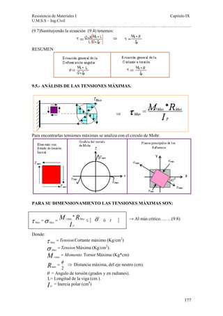 Resistencia de Materiales I Capitulo IX 
U.M.S.S – Ing.Civil 
……………………………………………………………………………………………. 
177 
(9.7)Sustituyendo la ecuación (9.4) tenemos: 
RESUMEN 
9.5.- ANÁLISIS DE LAS TENSIONES MÁXIMAS. 
Para encontrarlas tensiones máximas se analiza con el circulo de Mohr. 
PARA SU DIMENSIONAMIENTO LAS TENSIONES MÁXIMAS SON: 
→ Al más critico……..(9.8) 
M R 
* τ σ max σ ó τ } 
= = ≤ { I 
Donde: 
t Max 
τ Max = TensionCortante máximo (Kg/cm2) 
Tension Max σ = Máxima (Kg/cm2). 
Mt Momento = max Torsor Máxima (Kg*cm) 
φ 
R = ⇒ Distancia máxima, del eje neutro (cm). 
max 2 
θ = Angulo de torsión (grados y en radianes). 
L= Longitud de la viga (cm.). 
I = Inercia polar (cm4) 
P P 
Max Max 
 
