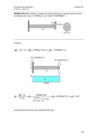Resistencia de Materiales I Capitulo IX 
U.M.S.S – Ing.Civil 
……………………………………………………………………………………………. 
PROBLEMA 9.3.- Calcular el ángulo de torsión total de una viga de sección circular 
de diámetro de 12cm, FZ=5000Kg: Si, μ = 0.2 y E =1.5x106Kg/cm2. 
L 
I π θ = ⇒θ = ⇒θ = ⇒θ = 
181 
Solución 
Mt = FZ *R⇒Mt = 5000Kg *50cm⇒Mt = 250000Kg *cm 
P x G M 
* 250000*300 0.058946*57.3 3.38 
* 1.5 10 * *(12) 
1 0 
1 1 6 1 1 
4 
2(1 0.2) 32 
t 
+ 
En dirección anti horario a las manecillas del reloj 
 