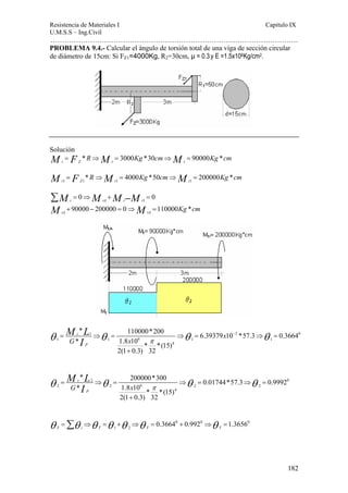 Resistencia de Materiales I Capitulo IX 
U.M.S.S – Ing.Civil 
……………………………………………………………………………………………. 
PROBLEMA 9.4.- Calcular el ángulo de torsión total de una viga de sección circular 
de diámetro de 15cm: Si FZ1=4000Kg, R2=30cm, μ = 0.3 y E =1.5x106Kg/cm2. 
L 
I π θ θ θ θ = ⇒ = ⇒ = − ⇒ = 
* 110000*200 6.39379 10 *57.3 0.3664 
* 1.8 10 * *(15) 
L 
I π θ = ⇒θ = ⇒θ = ⇒θ = 
182 
Solución 
Mt = FZ *R⇒Mt = 3000Kg *30cm⇒Mt = 90000Kg *cm 
1 1 1 1 * 4000 *50 200000 * t Z t t M = F R⇒M = Kg cm⇒M = Kg cm 
Σ − 
M M M M 
M M 
1 0 0 
90000 200000 0 110000 * 
= ⇒ + = 
t tA t t 
+ − = ⇒ = 
tA tA Kg cm 
1 3 0 
1 1 6 1 1 
4 
2(1 0.3) 32 
t 
P 
x 
x G M 
+ 
P x G M 
* 200000*300 0.01744*57.3 0.9992 
* 1.8 10 * *(15) 
2 0 
2 2 6 2 2 
4 
2(1 0.3) 32 
t 
+ 
1 2 0.3664 0.992 1.3656 T i T T T θ =Σθ ⇒θ =θ +θ ⇒θ = + ⇒θ = 
0 0 0 
 