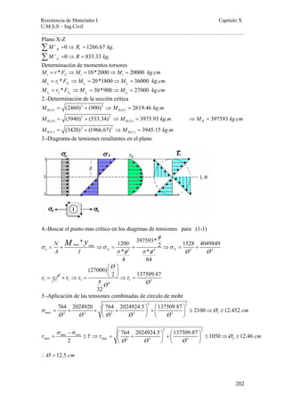 Resistencia de Materiales I Capitulo X 
U.M.S.S – Ing.Civil 
……………………………………………………………………………………………. 
764 2024920 764 2024924.5 137509.87 2100 Ø 12.452 cm 
Ø Ø Ø Ø Ø 
− ⎛ ⎞ ⎛ ⎞ = ≤ ⇒ = ⎜ + ⎟ + ⎜ ⎟ ≤ ⇒ ≥ 
764 2024924.5 137509.87 1050 12.46 
202 
Plano X-Z 
1 0 1266.67 . B ΣM+ = ⇒ R = kg 
0 833.33 . E ΣM+ = ⇒ R = kg 
Determinación de momentos torsores 
* 10*2000 20000 . t Z t t M = r F ⇒ M = ⇒ M = kg cm 
1 1 1 1 1 * 20*1800 36000 . t Z t t M = r F ⇒ M = ⇒ M = kg cm 
2 2 2 2 2 * 30*900 27000 . t Z t t M = r F ⇒ M = ⇒ M = kg cm 
2.-Determinación de la sección crítica 
2 2 
( ) ( ) (2460) (900) 2619.46 . R E R E M = + ⇒ M = kg m 
2 2 
( ) ( ) (3940) (533.34) 3975.93 . 397593 . R D R D R M = + ⇒ M = kg m ⇒ M = kg cm 
2 2 
( ) ( ) (3420) (1966.67) 3945.15 . R C R C M = + ⇒ M = kg m 
3.-Diagrama de tensiones resultantes en el plano 
4.-Buscar el punto mas crítico en los diagrmas de tensiones para (1-1) 
* 1200 397593* 1528 4049849 2 
N 
max max 
A I Ø Ø 
= + ⇒ = + ⇒ = + 
x X X 
2 4 2 3 
* * 
4 64 
M y 
φ 
σ σ σ 
π φ π φ 
0 
τ = τ τ τ τ 
1 f 1 1 3 
4 
(27000) 
2 137509.87 
32 
t 
Ø 
Ø Ø 
π 
⎛ ⎞ 
⎜ ⎟ 
+ ⇒ = ⎝ ⎠ ⇒ = 
5.-Aplicación de las tensiones combinadas de círculo de mohr 
2 2 
σ = + + ⎛⎜ + ⎞⎟ + ⎛⎜ ⎞⎟ ≤ ⇒ ≥ 
max 2 3 2 3 3 1 
⎝ ⎠ ⎝ ⎠ 
2 2 
max min 
max max 2 3 3 2 
2 
Ø cm 
Ø Ø Ø 
σ σ 
τ τ τ 
⎝ ⎠ ⎝ ⎠ 
∴Ø = 12.5 cm 
 