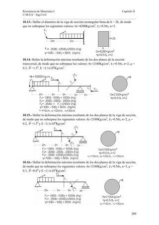 Resistencia de Materiales I Capitulo X 
U.M.S.S – Ing.Civil 
……………………………………………………………………………………………. 
209 
10.13.- Hallar el diámetro de la viga de sección rectangular llena de h = 2b, de modo 
que no sobrepase los siguientes valores: σf=4200Kg/cm2, τ f=0.5σf, n=2. 
10.14- Hallar la deformación máxima resultante de los dos planos de la sección 
transversal, de modo que no sobrepase los valores: σf=2100Kg/cm2, τ f=0.5σf, n=2, μ = 
0.3, θ =1.50, E =2.1x106Kg/cm2. 
10.15.- Hallar la deformación máxima resultante de los dos planos de la viga de sección, 
de modo que no sobrepase los siguientes valores: σf=2100Kg/cm2, τ f=0.5σf, n=2, μ = 
0.2, θ =1.50 y E =2.1x106Kg/cm2 
10.16.- Hallar la deformación máxima resultante de los dos planos de la viga de sección, 
de modo que no sobrepase los siguientes valores: σf=2100Kg/cm2, τ f=0.5σf, n=3, μ = 
0.3, θ =0.80 y E =2.1x106Kg/cm2. 
 