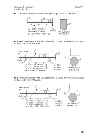 Resistencia de Materiales I Capitulo X 
U.M.S.S – Ing.Civil 
……………………………………………………………………………………………. 
210 
10.17.- Hallar la deformación máxima en el plano (x-y), si: E =2.1x106Kg/cm2. 
10.18.- Calcular el diámetro de la viga de la figura y el ángulo de torsión máxima, según 
los datos, si: E =1.8 x 106Kg/cm2. 
10.19.- Calcular el diámetro de la viga de la figura y el ángulo de torsión máxima, según 
los datos, si: E =1.8 x 106Kg/cm2. 
 
