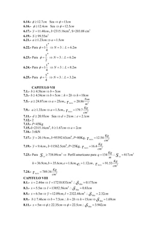 6.14.- φ ≥ 12.7cm Sea ⇒φ =13cm 
6.16.- φ ≥ 12.4cm Sea ⇒φ =12.5cm 
6.17.- y =11.40 cm 
, I=2315.16cm4, S=203.08 cm3 
6.19.- S ≥ 99.55m3 
6.21.- a ≥1.23cm⇒a =1.5 
cm 
6.22.- Para φ 11 N 3 L 
6.2 
4 
′′ 
= ⇒ = ∴ = m 
6.23.- Para φ 1 N 3 L 
6.2 
2 
′′ 
= ⇒ = ∴ = m 
6.24.- Para φ 11 N 3 L 
8.2 
4 
′′ 
= ⇒ = ∴ = m 
6.25.- Para φ 5 N 3 L 
3.2 
4 
′′ 
= ⇒ = ∴ = m 
7.1.- b ≥ 4.56cm⇒b = 5 
cm 
7.3.- b ≥ 4.54cm⇒b = 5cm∴h = 2b⇒h =10 
cm 
7.5.- a 24.87cm a 25cm, 20.86 m á 
x 2 CAPITULO VII 
≥ ⇒ = 
Ton 
m τ = 
Kg 
cm τ = 
7.9.- a ≥1.33cm⇒a =1.5cm, m x 2 179.7 á 
7.11.- d ≥ 20.93cm Sea⇒d = 21cm∴e = 2.1 
cm 
7.12.- 2 
7.13.- P=45Kg 
7.15.-I=2315.16cm4, b ≥1.67cm⇒a = 2c 
m 
7.16.- 3.6kN 
7.17.- y = 20.19cm, I=95392.63cm4, P=80Kg, 12.54 m á 
x 2 Kg 
cm τ = 
Kg 
cm τ = 
7.19.- y = 9.4cm , I=11562.5cm4, P=25Kg, m x 2 16.4 á 
q Kg c 
7.23.- Para 738.09 3 Perfil americano para yy S ≥ cm ⇒ 134 817 3 yy 
m S = ∴ = m 
= = = e = 
Kg 
cm τ = 
, 1 h 36.9cm,b 35.6cm,e 1.8cm, 1.12cm m x 2 91.53 á 
Kg 
cm τ = 
7.24.- m x 2 789.34 á 
CAPITULO VIII 
8.1.- 2.44 17210.833 4 0.175 Máx x = m⇒ I = cm ∴δ = cm 
8.3.- 5.5 13852.56 4 0.83 Máx x = m⇒ I = cm ∴δ = cm 
8.5.- 6.5 12.09 , 2322.44 4 2.32 Máx x = m⇒ y = cm I = cm ∴δ = cm 
8.9.- 7.46 7.5 2 15 1.69 Máx b ≥ cm⇒b = cm∴h = b⇒h = cm⇒δ = cm 
8.11.- 5 22.35 22.5 3.942 Máx x = m⇒φ ≥ cm⇒φ = cm∴δ = cm 
 