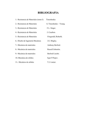 BIBLIOGRAFIA 
1.- Resistencia de Materiales (tomo I) Timoshenko. 
2.- Resistencia de Materiales S. Timoshenko – Young. 
3.- Resistencia de Materiales F.L. Singer. 
4.- Resistencia de Materiales J. Courbon. 
5.- Resistencia de Materiales Fitzgerald, Roberth. 
6.- Diseño de Ingeniería Mecánica J.E. Shigley. 
7.- Mecánica de materiales Anthony Berford. 
8.- Mecánica de materiales Russell Johnstón. 
9.- Mecánica de materiales Berford Liechti. 
10.-Mecánica de sólidos Egor P.Popov. 
11.- Mecánica de sólidos T.J. Larner. 
