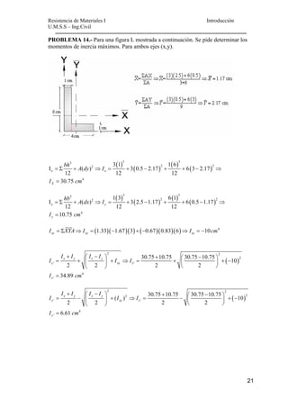 Resistencia de Materiales I Introducción 
U.M.S.S – Ing.Civil 
--------------------------------------------------------------------------------------------------- 
PROBLEMA 14.- Para una figura L mostrada a continuación. Se pide determinar los 
momentos de inercia máximos. Para ambos ejes (x,y). 
21 
( ) ( ) ( ) ( ) 
3 3 3 
2 2 2 
x 
= Σ + ⇒ = + − + + − ⇒ 
= 
4 
3 1 1 6 
I ( ) 3 0.5 2.17 6 3 2.17 
x 
12 12 12 
30.75 
X 
bh A dy I 
I cm 
( ) ( ) ( ) ( ) 
3 3 3 
2 2 2 
y 
= Σ + ⇒ = + − + + − ⇒ 
= 
4 
1 3 6 1 
I ( ) 3 2.5 1.17 6 0.5 1.17 
y 
12 12 12 
10.75 
y 
hb A dx I 
I cm 
(1.33)( 1.67)(3) ( 0.67)(0.83)(6) 10 4 xy xy xy I = ΣXYA⇒ I = − + − ⇒ I = − cm 
+ ⎛ − ⎞ + ⎛ − ⎞ = + ⎜ ⎟ + ⇒ = + ⎜ ⎟ + − 
( ) 
2 2 
2 
x y x y 
x xy x 
' ' 
4 
' 
30.75 10.75 30.75 10.75 10 
2 2 2 2 
34.89 
x 
I I I I 
I I I 
I cm 
⎝ ⎠ ⎝ ⎠ 
= 
+ ⎛ − ⎞ + ⎛ − ⎞ = − ⎜ ⎟ + ⇒ = − ⎜ ⎟ + − 
( ) 
2 2 
2 2 
x y x y 
y xy x 
' ' 
4 
' 
( ) 30.75 10.75 30.75 10.75 10 
2 2 2 2 
6.61 
y 
I I I I 
I I I 
I cm 
⎝ ⎠ ⎝ ⎠ 
= 
 