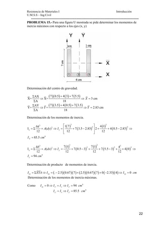 Resistencia de Materiales I Introducción 
U.M.S.S – Ing.Civil 
--------------------------------------------------------------------------------------------------- 
22 
PROBLEMA 15.- Para una figura U mostrada se pide determinar los momentos de 
inercia máximos con respecto a los ejes (x, y) 
Determinación del centro de gravedad. 
AX (7)(0.5) 4(3) 7(5.5) X= X= 3 cm 
A 18 
X 
Σ + + 
⇒ ⇒ = 
Σ 
Σ AY (7)(3.5) + 4(0.5) + 
7(3.5) Y= ⇒ Y = ⇒ Y 
= 
2.83 cm 
A 18 
Σ 
Determinación de los momentos de inercia. 
( ) ( ) ( ) ( ) 
3 3 3 
2 2 2 
x 
4 
1 7 4 1 
I ( ) 7 3.5 2.83 2 4 0.5 2.83 
x 
12 12 12 
85.5 
X 
bh A dy I 
I cm 
⎡ ⎤ 
= Σ + ⇒ = ⎢ + − ⎥ + + − ⇒ 
⎢⎣ ⎥⎦ 
= 
( ) ( ) ( ) ( ) ( ) 
3 3 3 3 
7 1 7 1 4 I ( ) 7 0.5 3 7 5.5 3 4 0 
2 2 2 2 
y 
= Σ + ⇒ = + − + + − + + ⇒ 
= 
12 12 12 12 
94 
4 
y 
y 
hb A dx I 
I cm 
Determinación de producto de momentos de inercia. 
(. 2.5)(0.67)(7) (2.5)(0.67)(7) 0( 2.33)(4) 0 xy xy xy I = ΣXYA⇒ I = − + + − ⇒ I = cm 
Determinación de los momentos de inercia máximas. 
4 
' ' Como 0 94 xy x y x I = ⇒ I = I ⇒ I = cm 
4 
' ' 85.5 y x y I = I ⇒ I = cm 
 