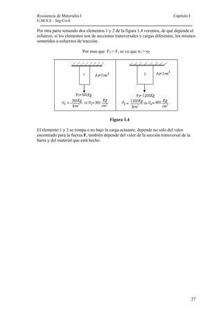 Resistencia de Materiales I Capitulo I 
U.M.S.S – Ing.Civil 
------------------------------------------------------------------------------------------------------ 
Por otra parte teniendo dos elementos 1 y 2 de la figura 1.4 veremos, de qué depende el 
esfuerzo, si los elementos son de secciones transversales y cargas diferentes, los mismos 
sometidos a esfuerzos de tracción. 
Por mas que F2 > F1 se ve que σ1 > σ2 
Figura 1.4 
El elemento 1 y 2 se rompa o no bajo la carga actuante, depende no sólo del valor 
encontrado para la fuerza F, también depende del valor de la sección transversal de la 
barra y del material que está hecho. 
27 
 