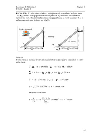 Resistencia de Materiales I Capitulo II 
U.M.S.S – Ing.Civil 
---------------------------------------------------------------------------------------------------------- 
PROBLEMA 2.2.- La masa de la barra homogénea AB mostrada en la figura, es de 
2000Kg, la masa esta apoyada mediante un perno en B y mediante una superficie 
vertical lisa en A. Determine el diámetro mas pequeño que se puede usarse en B, si su 
esfuerzo cortante esta limitado por 60MPa. 
Solución 
Como existe su masa de la barra entonces existirá un peso que va a actuar en el centro 
dicha barra. 
MB HA HA N Σ = 0⇒3*19600 − *8 = 0⇒ = 7350 
H H H 
H = 0 → + = 0 → = 
7350 
N 
A B B 
V V 
V = 0 → 19600 + = 0 → = 
19600 
N 
2 2 
7350 19200 20558.76 
= + → = 
20558.76 60 10 6 
14.9 
= ≤ → ≤ ∗ → = 
2 
2 2 
4 
B B 
R R 
Dimensionamiento 
R d m 
A d 
τ τ 
π 
N 
m 
Σ − 
Σ 
K 
54 
 