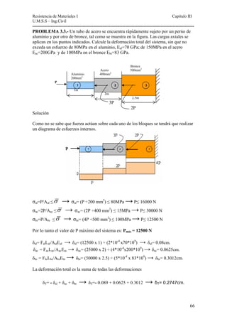 Resistencia de Materiales I Capitulo III 
U.M.S.S – Ing.Civil 
---------------------------------------------------------------------------------------------------------- 
PROBLEMA 3.3.- Un tubo de acero se encuentra rápidamente sujeto por un perno de 
aluminio y por otro de bronce, tal como se muestra en la figura. Las cargas axiales se 
aplican en los puntos indicados. Calcule la deformación total del sistema, sin que no 
exceda un esfuerzo de 80MPa en el aluminio, Eal=70 GPa; de 150MPa en el acero 
Eac=200GPa y de 100MPa en el bronce Ebr=83 GPa. 
Bronce 
Acero 500mm2 
Aluminio 400mm2 
200mm2 
P 
1 2 3 
1m 
2m 
2.5m 
3P 
2P 
Solución 
Como no se sabe que fuerza actúan sobre cada uno de los bloques se tendrá que realizar 
un diagrama de esfuerzos internos. 
σal=P/Aal ≤σ → σal= (P ÷200 mm2) ≤ 80MPa → P≤ 16000 N 
σac=2P/Aac ≤σ → σac= (2P ÷400 mm2) ≤ 15MPa → P≤ 30000 N 
σbr=P/Abr ≤σ → σbr= (4P ÷500 mm2) ≤ 100MPa → P≤ 12500 N 
Por lo tanto el valor de P máximo del sistema es: Pmáx = 12500 N 
δal= FalLal/AalEal → δ = (12500 x 1) ÷ (2*10-4 x70*109 al ) → δal= 0.08cm. 
δac = FacLac/AacEac → δac= (25000 x 2) ÷ (4*10-4x200*109) → δac= 0.0625cm. 
δbr = FbrLbr/AbrEbr → δbr= (50000 x 2.5) ÷ (5*10-4 x 83*109) → δbr= 0.3012cm. 
La deformación total es la suma de todas las deformaciones 
δT= - δal + δac + δbr → δT=- 0.089 + 0.0625 + 0.3012 → δT= 0.2747cm. 
66 
 